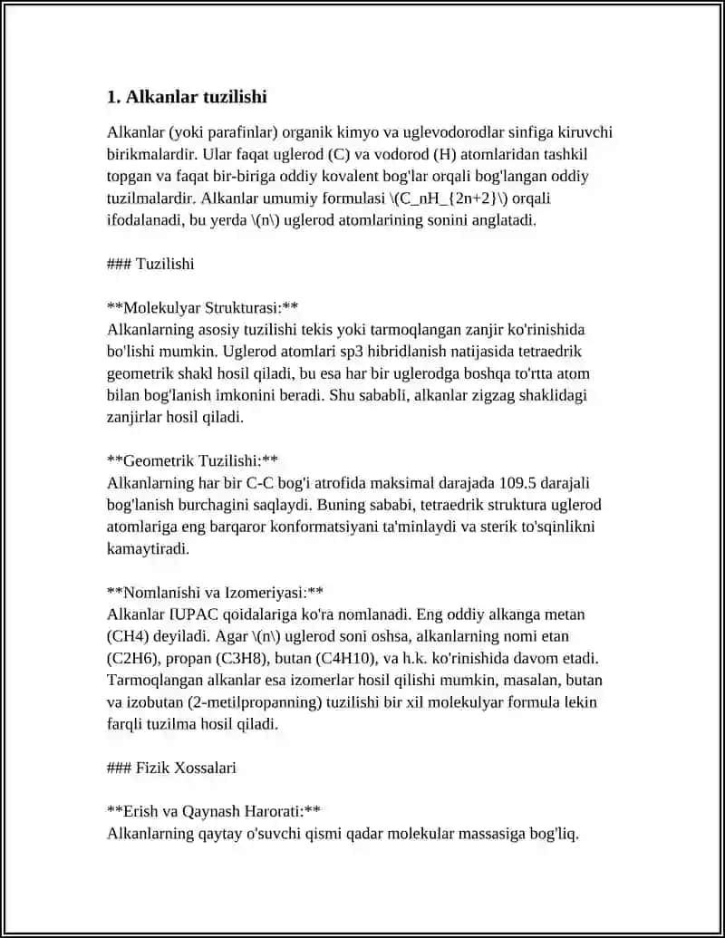 ALKANLAR TUZILISHI IZOMERIYASI OLINISHI VA XOSSALARI 4