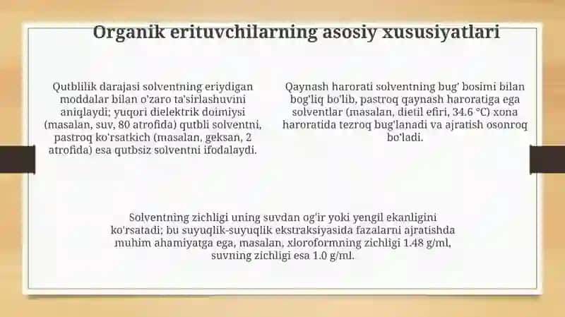 Ekstragirlovchi eritmalar (organik erituvchilar) turlari va xususiyatlari 4