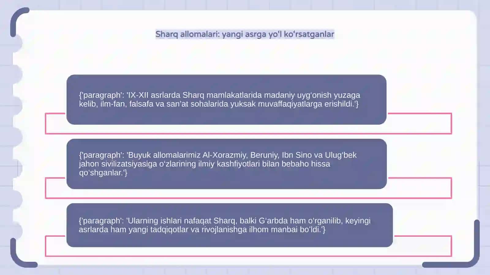 IX-XII asrda mamlakatimizda hududida ro‘y bergan madaniy uyg‘onish va buyuk allomalarimizning jahon sivilizatsiyaga qo‘shgan hissasi 4