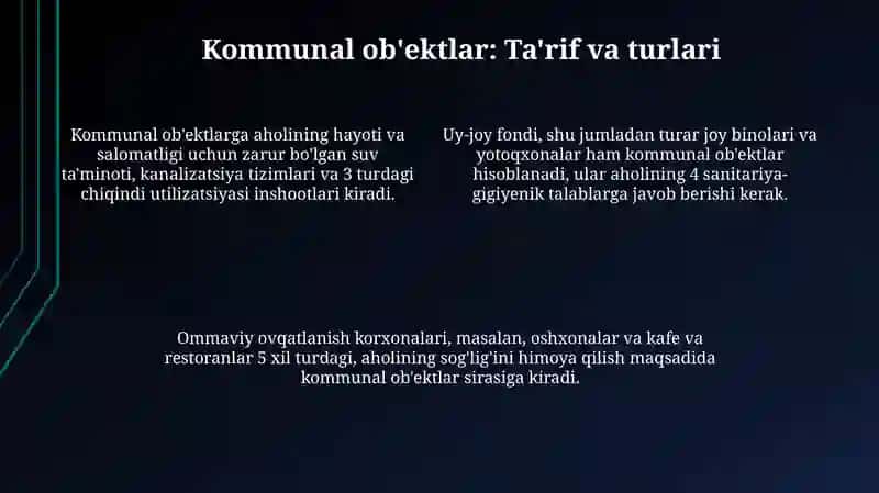 Kommunal gigiyena fanini o'rganishda shifokorning vazifalari. Kommunal ob'ektlar haqida tushuncha 4