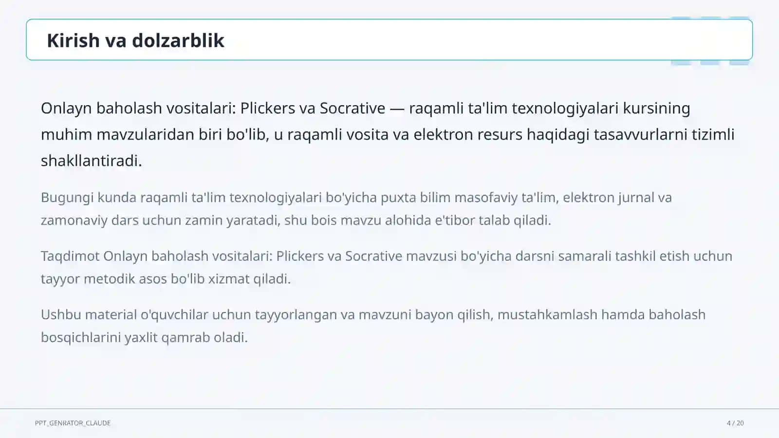Onlayn baholash vositalari: Plickers va Socrative 4
