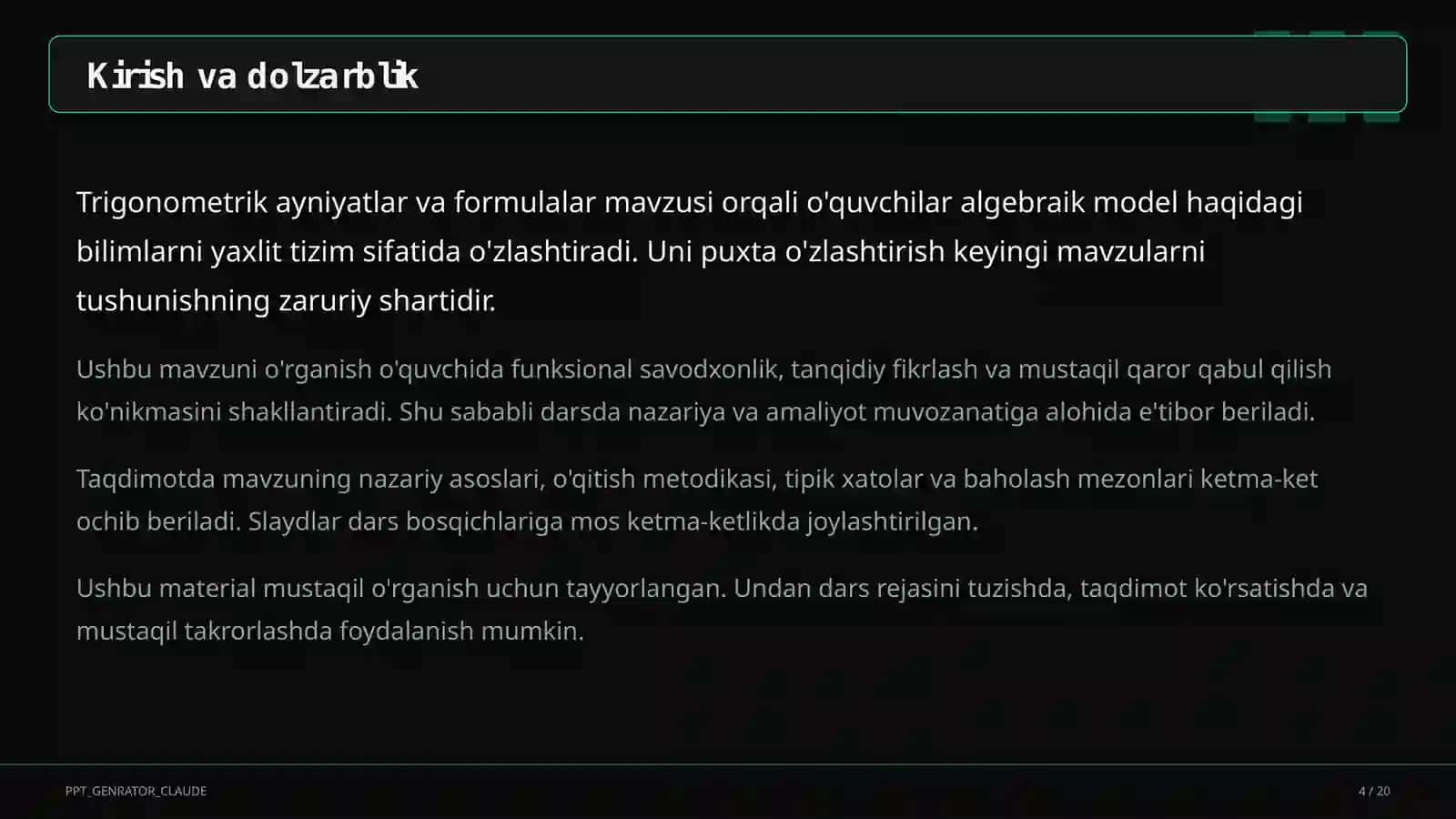 Trigonometrik ayniyatlar va formulalar (10-sinf) 4