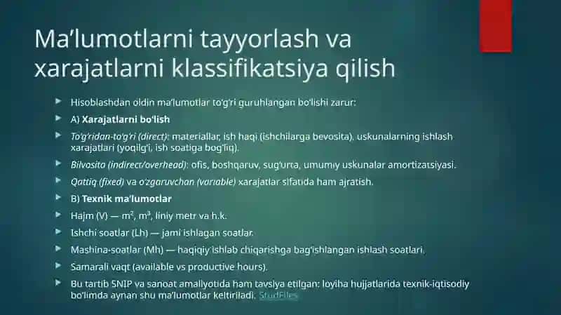 Qurilish tashkiloti faoliyatining texnik-iqtisodiy kursatkichlarini xisoblash 4