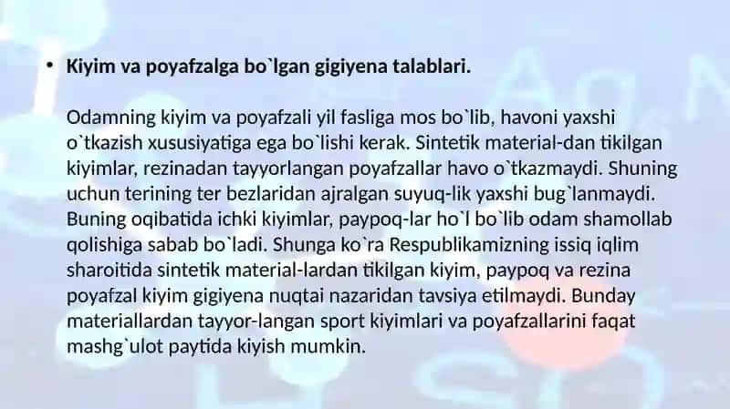 Kiyim boshlar va oyoq kiyimlar gigiyenasi . Kundalik turmushda foydalaniladigan sintetik polimer materiallardan tayyorlangan uy – ro`zg`or buyumlari , bog`lov materiallari , idishlarni qo`llash gigiyenasi 4