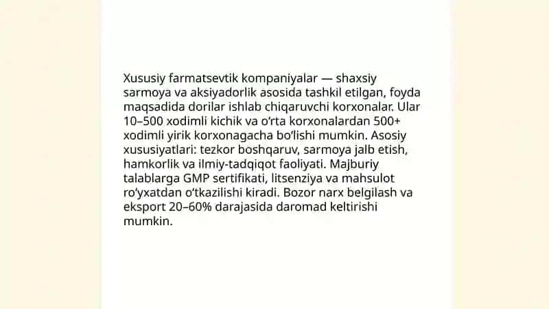 Farmatsevtik ishlab chiqarishda faoliyat koʻrsatadigan korxonalar va ularning turlari 4