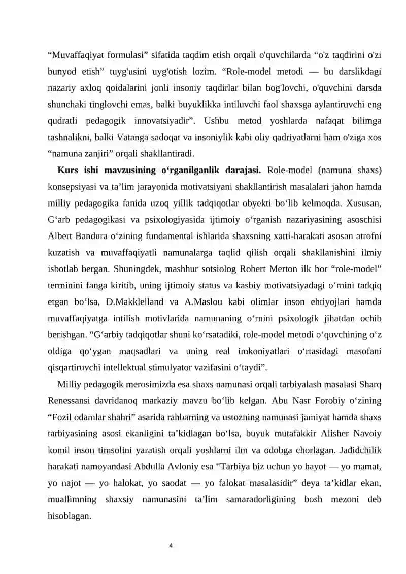 :TARBIYA FANINI O' QITISHDA ROLE-MODEL METODIDAN FOYDALANIB O’QUVCHILARDA TA’LIM OLISHGA MOTIVATSIYA UYG’OTISH. 4