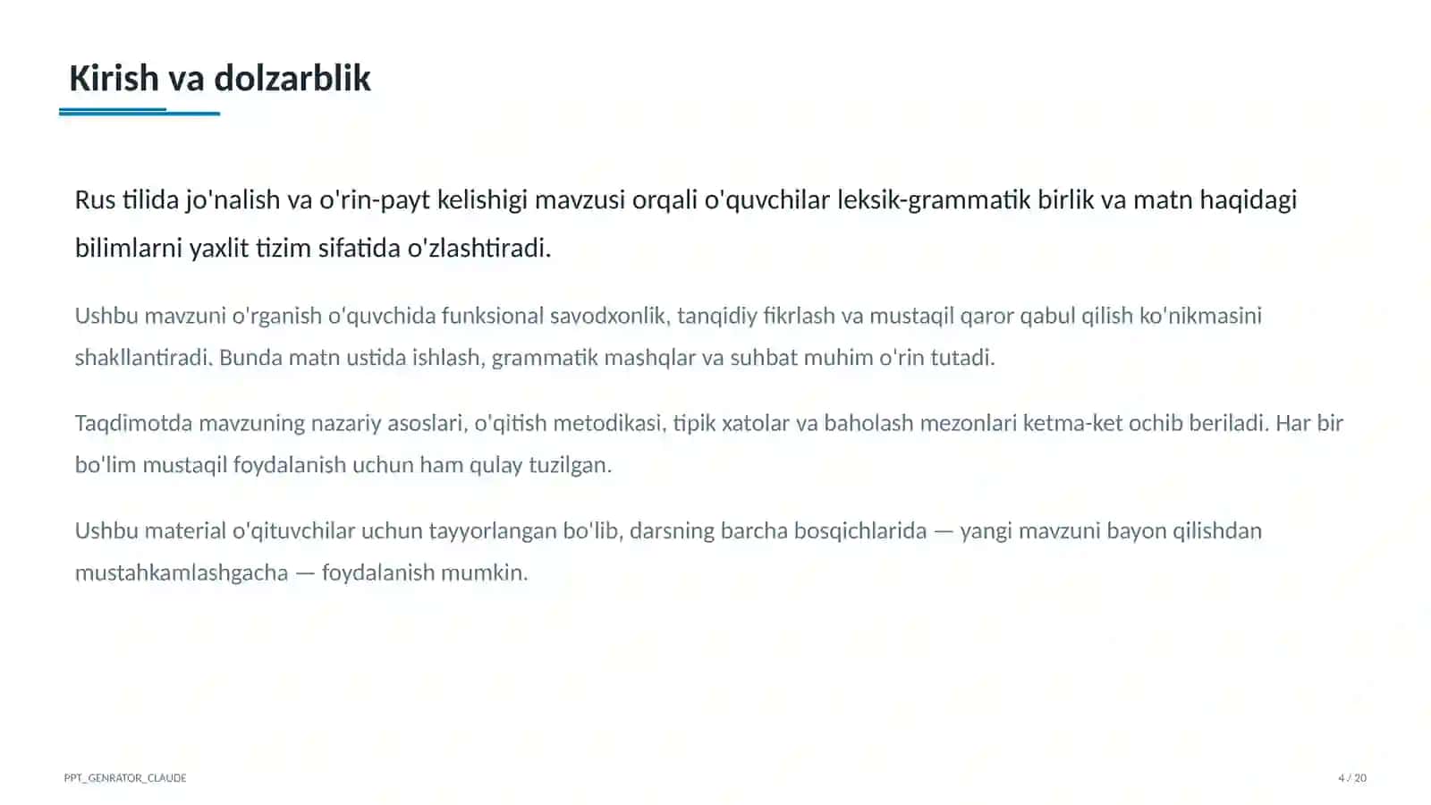 Rus tilida jo'nalish va o'rin-payt kelishigi (5-sinf) 4