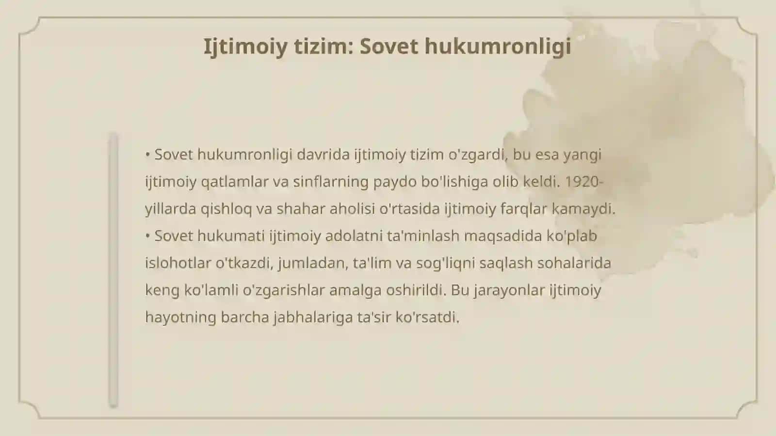 Rossiya imperiyasi va sovet hukumronligi davrida oʻlkadagi Ijtimoiy - iqtisodiy, siyosiy va maʼnaviy jarayonlar 4