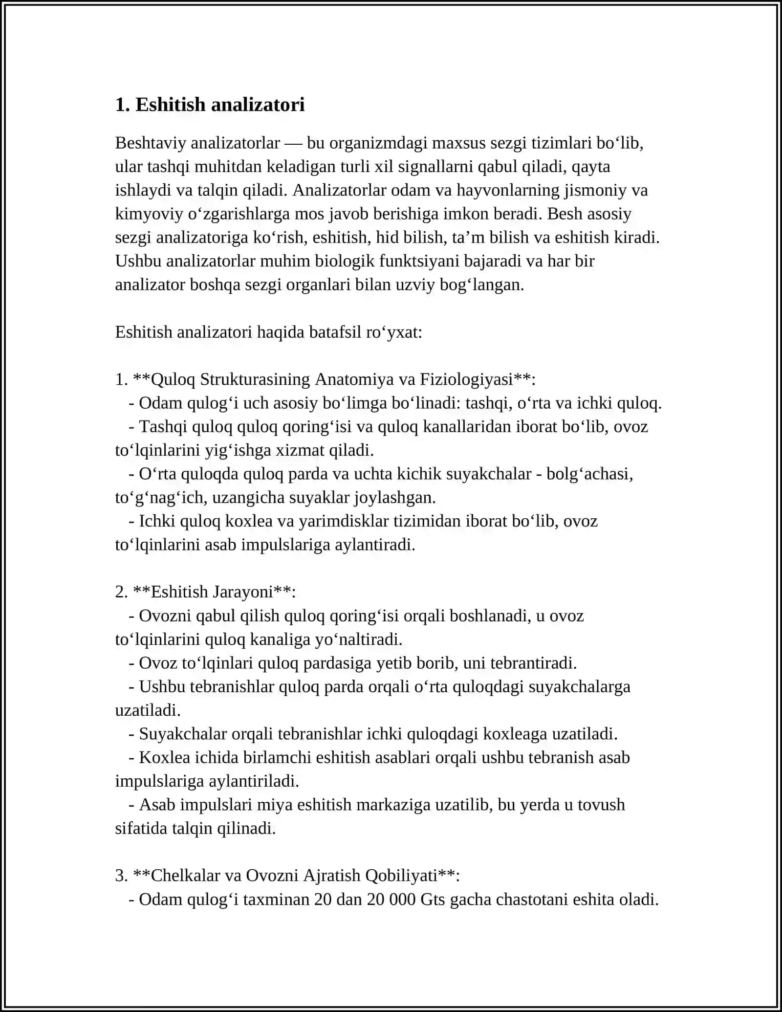 ODAM TANASINING ANALIZATORLARI: ESHITISH, KO'RISH, TAKTIL, HARORAT, OG'RIG, HID, TA'M BILISH, SEZGIRLIK VA H.K 4