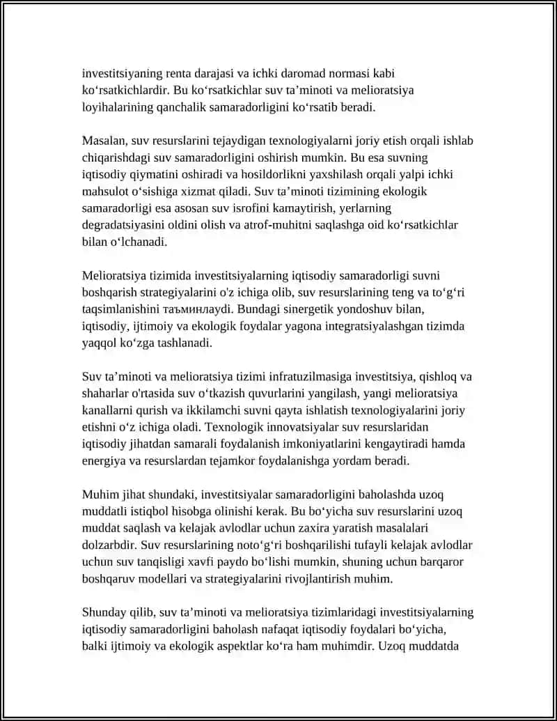 Investitsiyalarning suv taʼminoti va melioratsiya tizimida iqtisodiy samaradorligini baholash 4