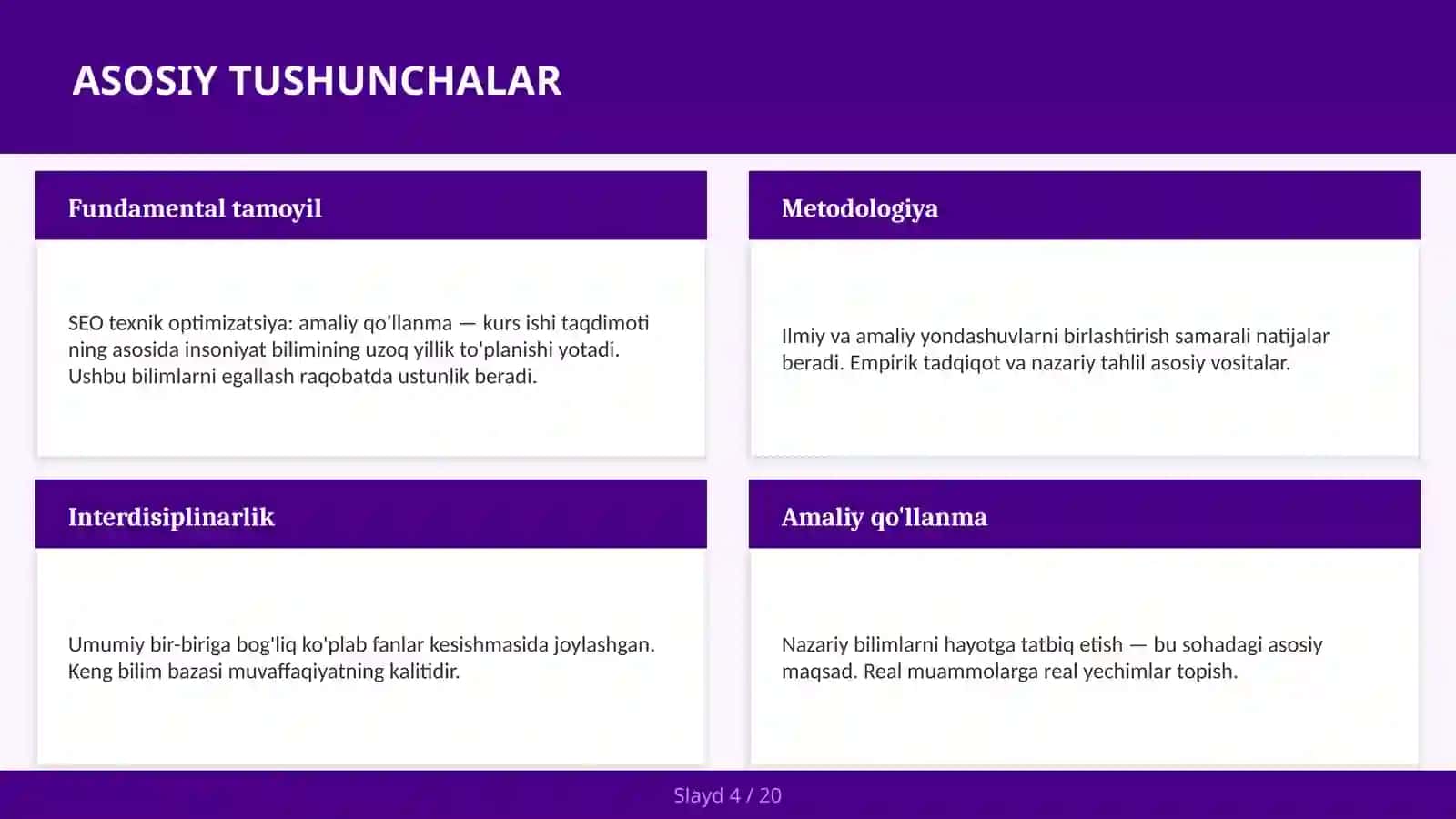 SEO TEXNIK OPTIMIZATSIYA: AMALIY QO'LLANMA — KURS ISHI TAQDIMOTI 4