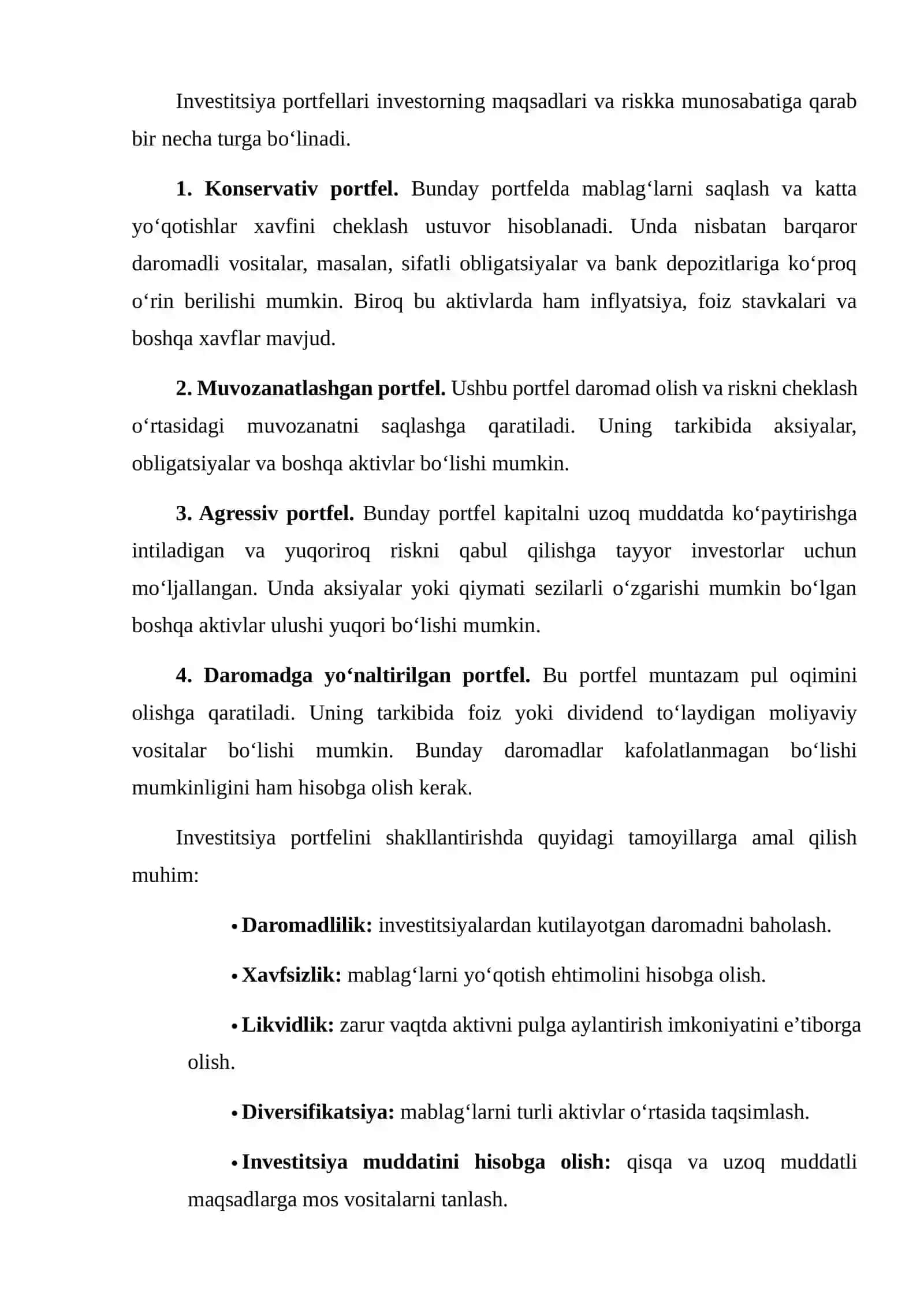 INVESTITSIYA PORTFELI VA UNI DIVERSIFIKATSIYA QILISH 4