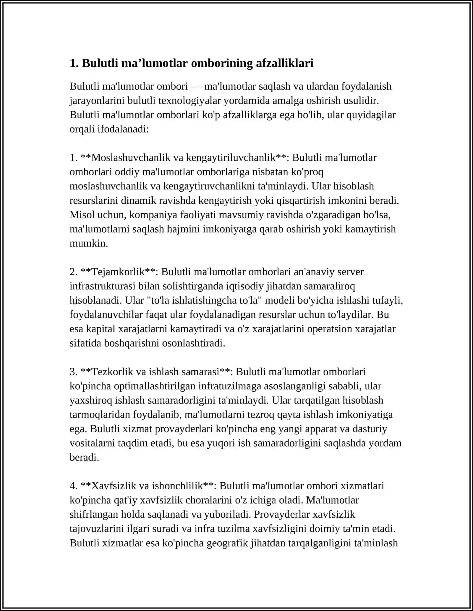 Bulutli ma'lumotlar omborining afzalliklari 4