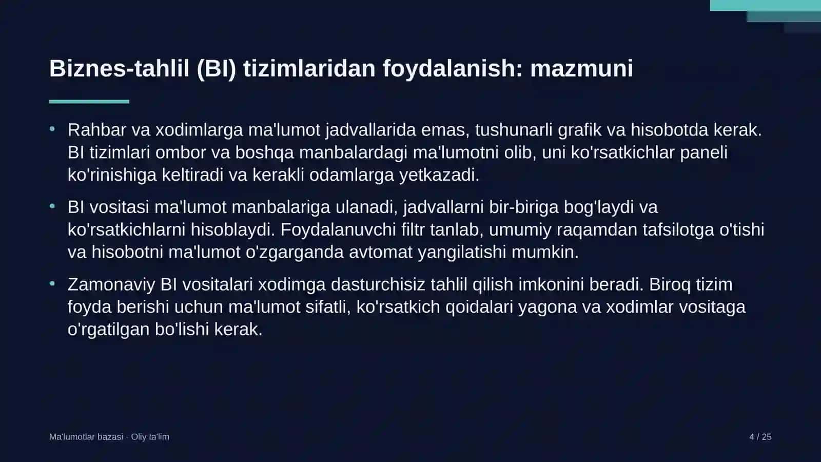 Yog'-moy sanoatida biznes-tahlil (BI) tizimlaridan foydalanish 4