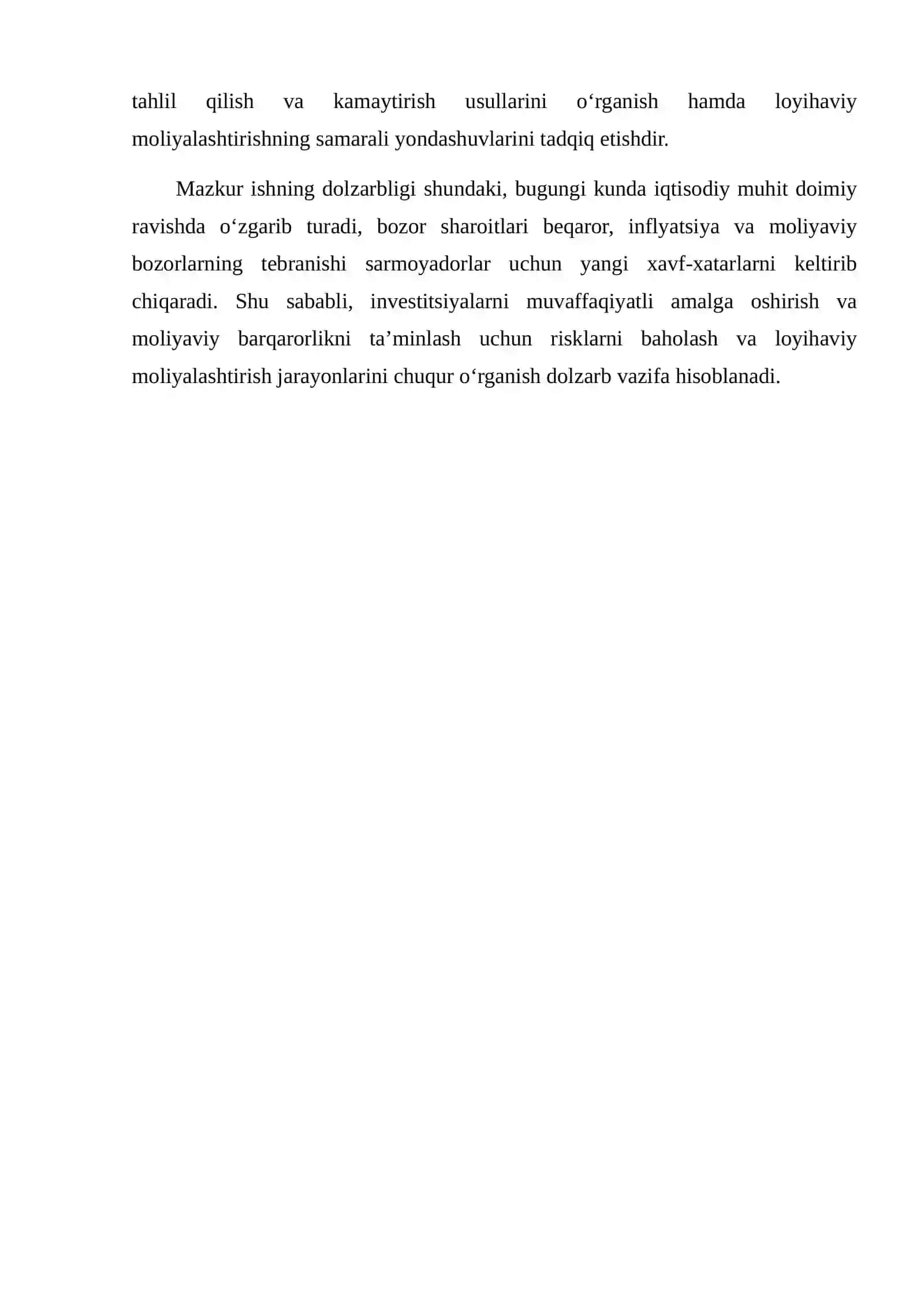 INVESTITSIYALASHDA MOLIYALASHTIRISH BILAN BOG‘LIQ RISKLAR VA INVESTITSIYALARNI LOYIHAVIY MOLIYALASHTIRISH 4