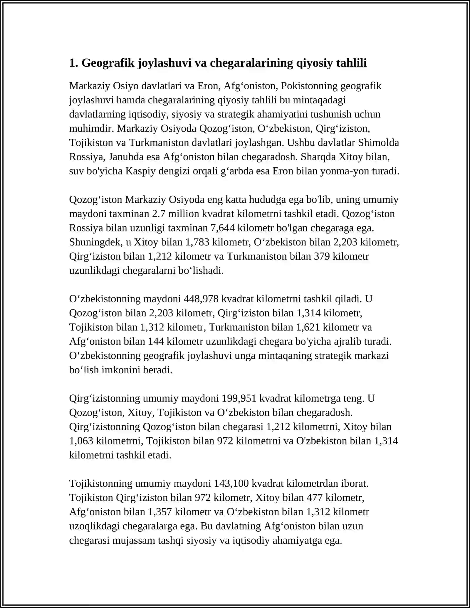 MARKAZIY OSIYO DAVLATLARI VA ERON, AFGʻONISTON VA POKISTONNING QIYOSIY GEOGRAFIK TAVSIFI 4