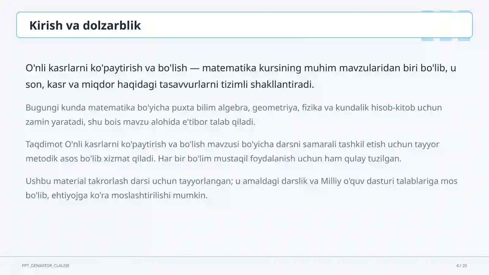 O'nli kasrlarni ko'paytirish va bo'lish (5-sinf) 4