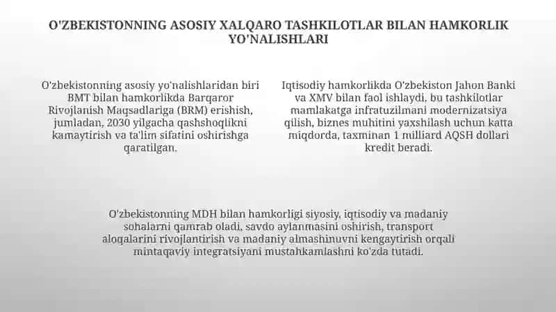 O'zbekistonning xalqaro tashkilotlar bilan hamkorlik aloqalari 4