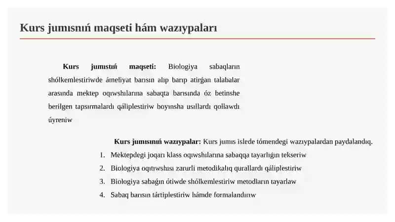 Biologiya oqıtıwshısınıń sabaqqa tayarlıǵın shólkemlestiriw usılları hám metodları 4