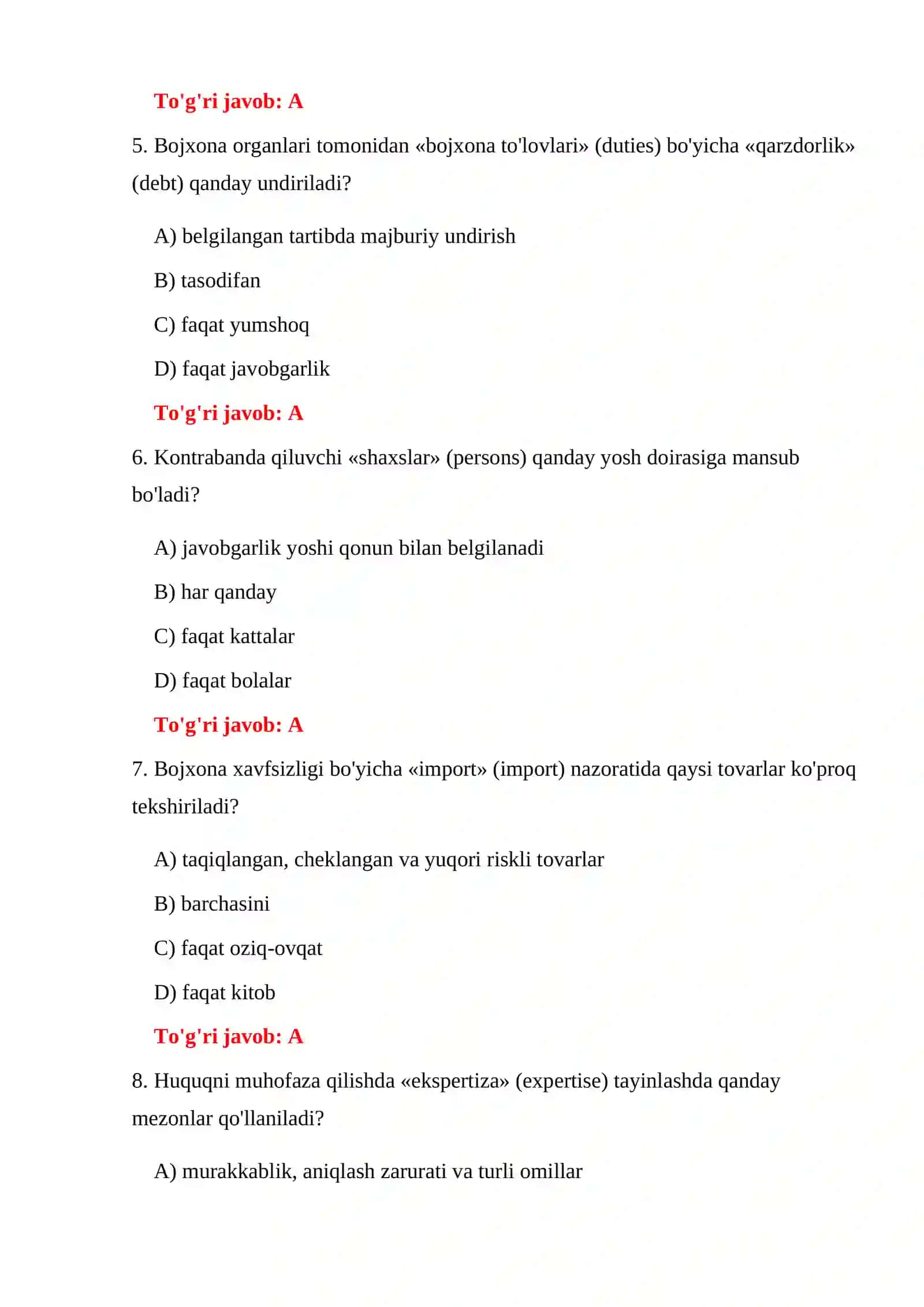 BOJXONA HUQUQBUZARLIKLARI 100 TA TEST 4