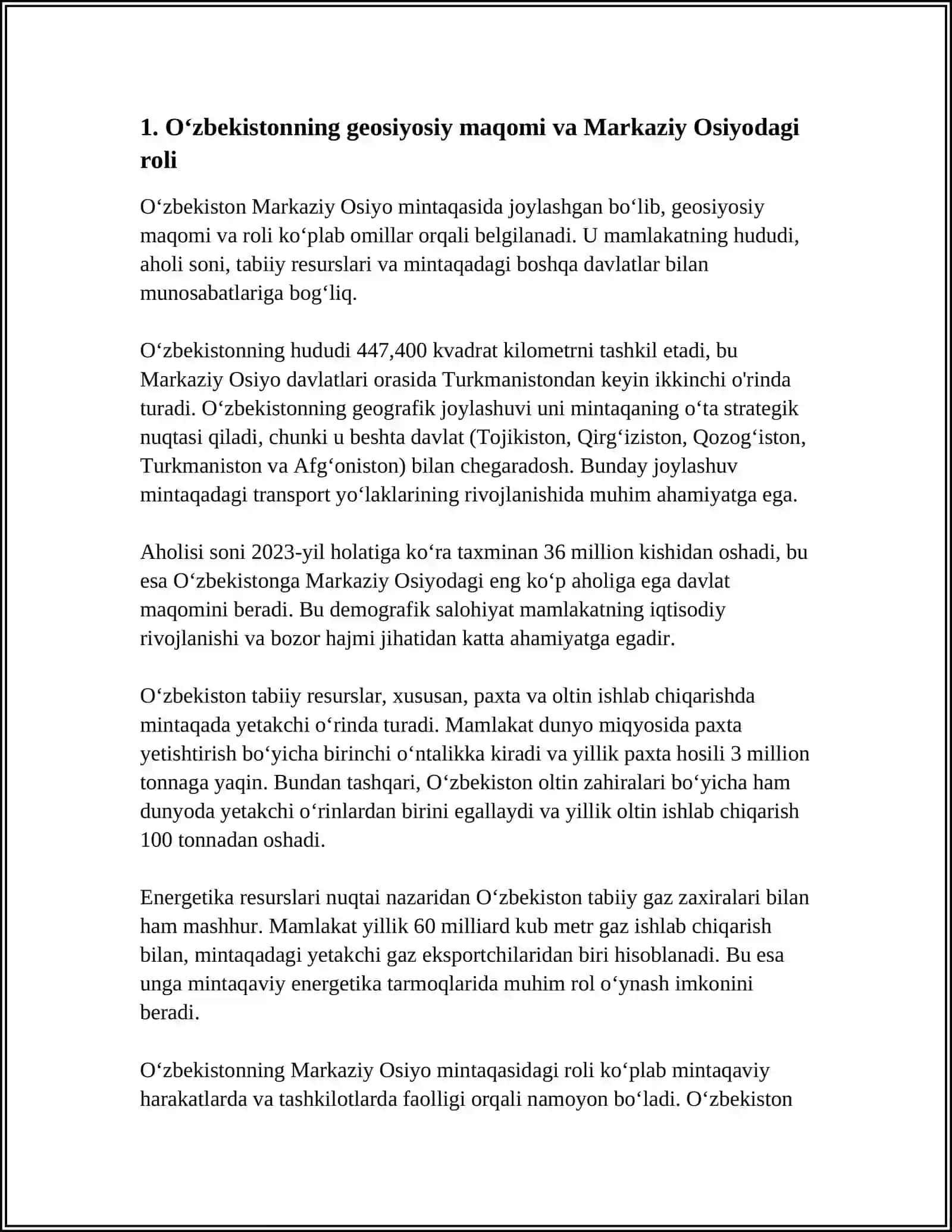 O‘zbekistonning Markaziy Osiyoda Tinchlik va Barqarorlikni Ta‘minlashdagi O‘rni 4
