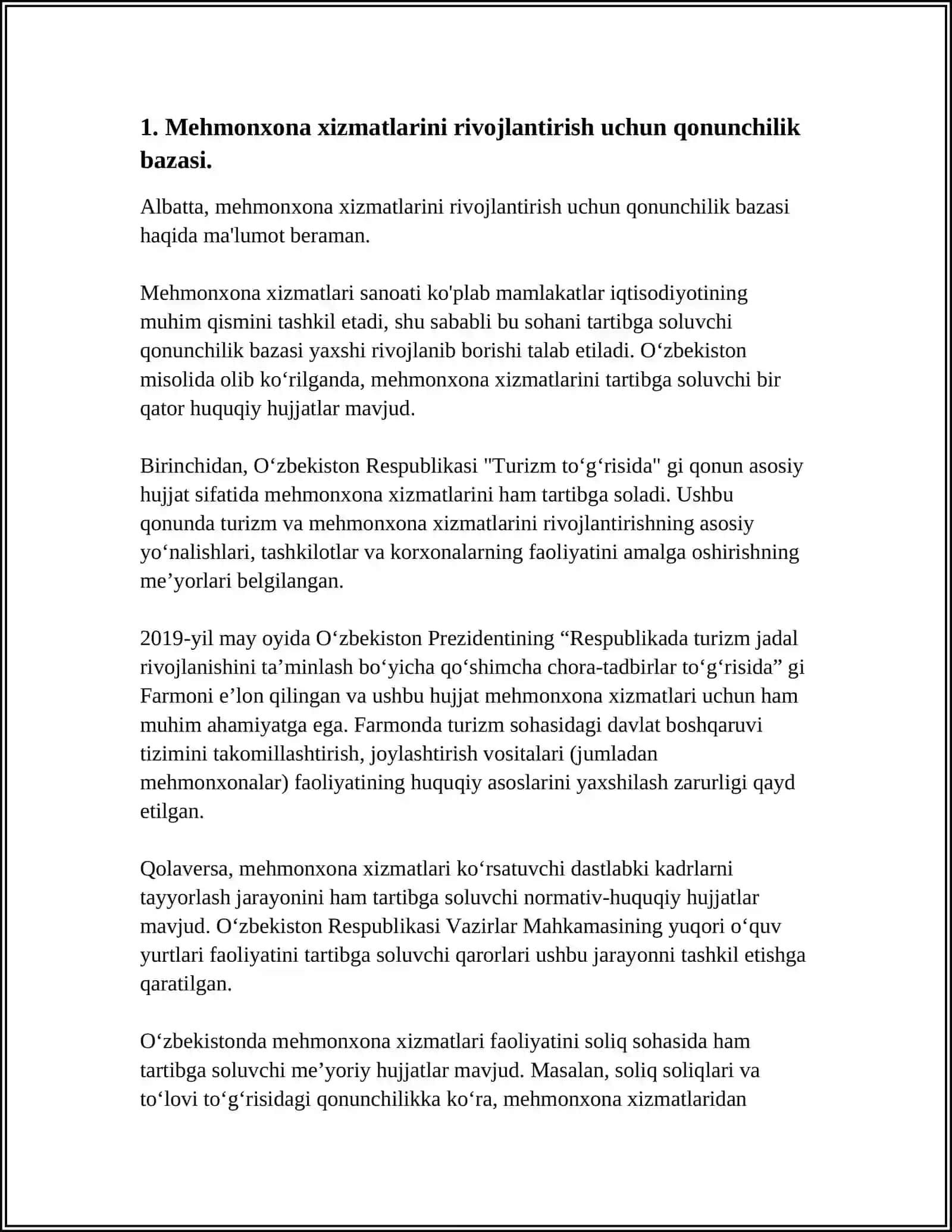 Mehmonxona xizmatlarini rivojlantirishning tashkiliy huquqiy mexanizmlari 4