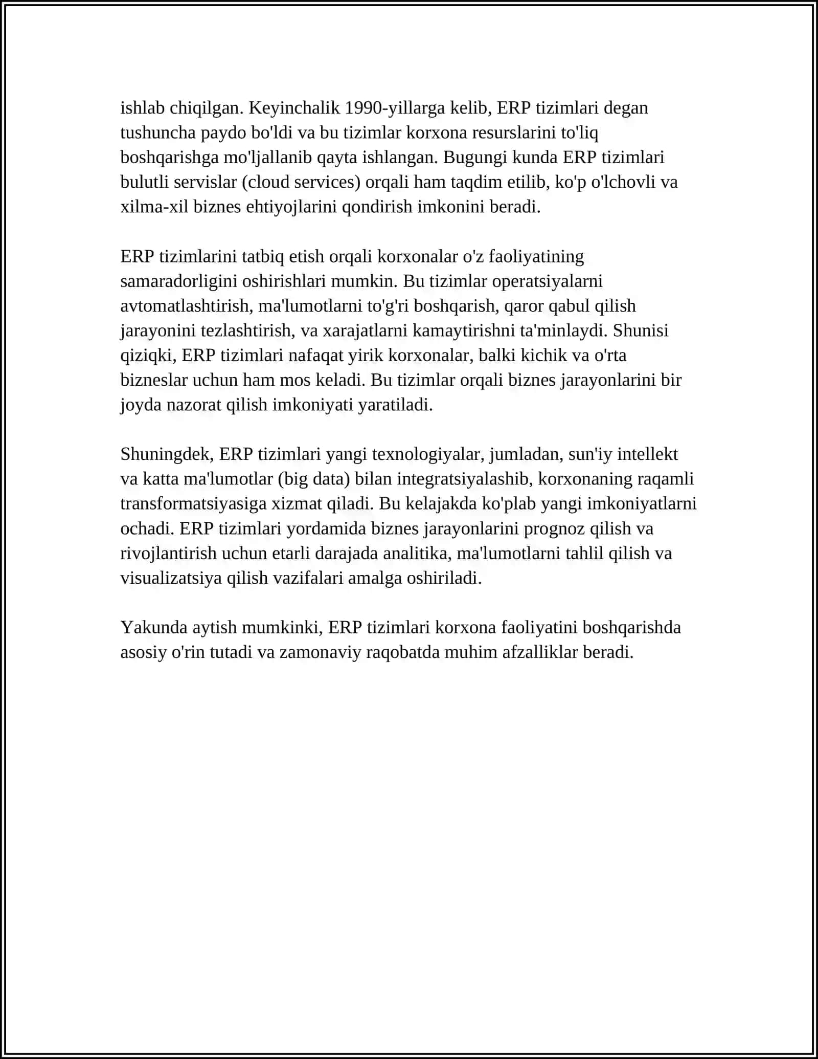 ERP TIZIMLARINING UMUMIY XUSUSIYATLARI VA KORXONA BOSHQARUVIDAGI O'RNI 4