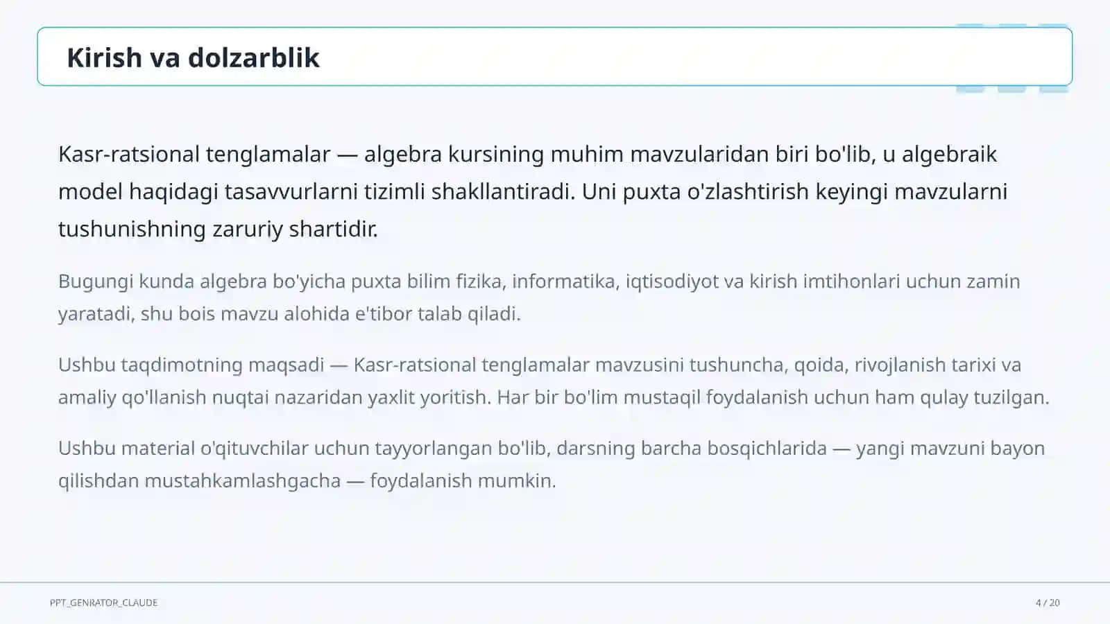 Kasr-ratsional tenglamalar (8-sinf) 4