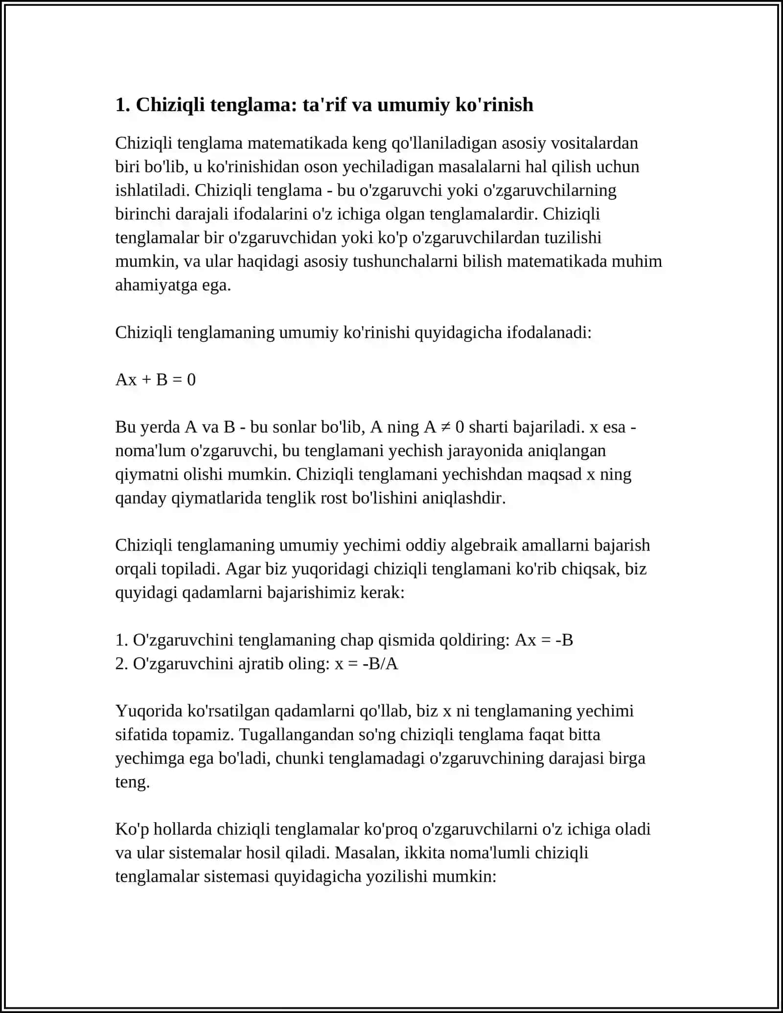 CHIZIQLI TENGLAMA VA KVADRAT TENGLAMA 4