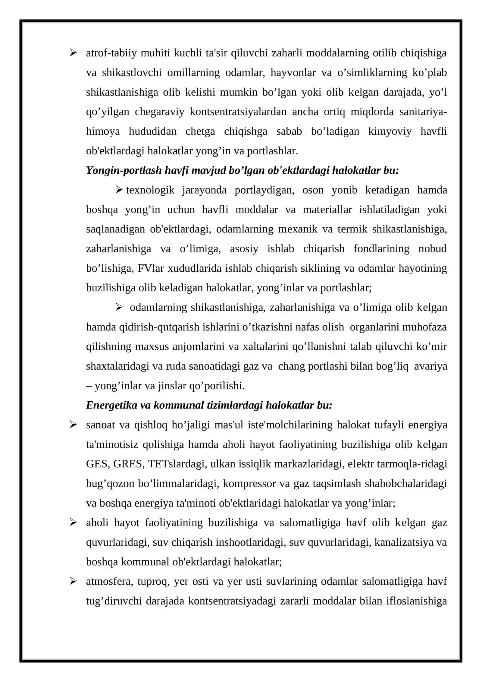Texnogen tusdagi favqulodda vaziyatlar, ularning tavsifi va tasnifi. Aholi va hududni texnogen FVlardan muhofaza qilish 4