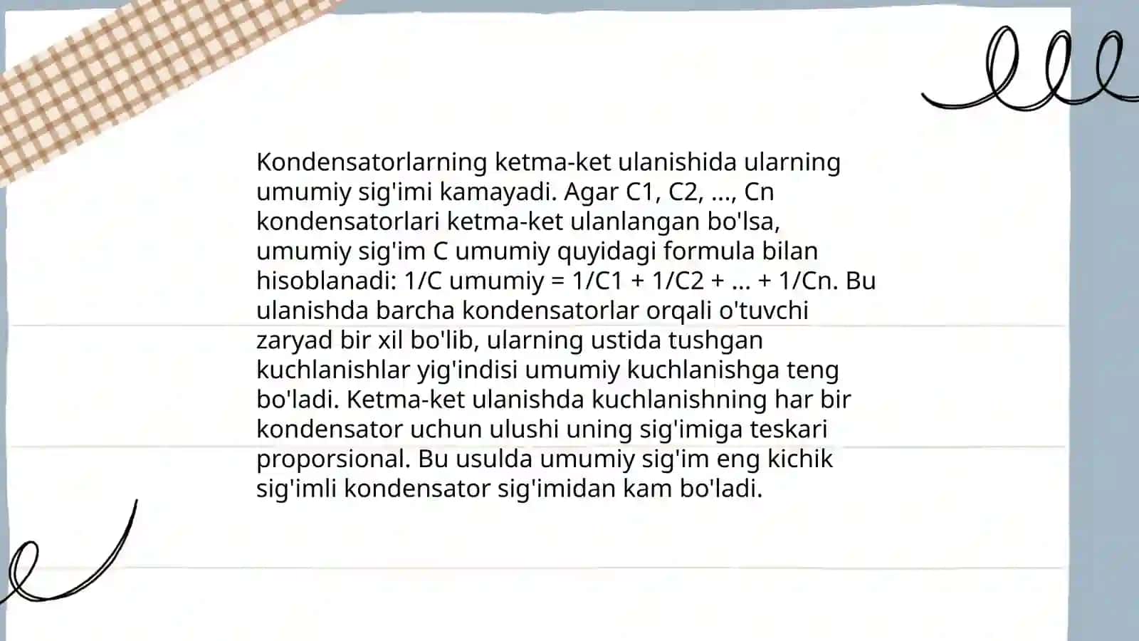 Kondinsatorlarni ketmaket,paralel va aralash ulash 4