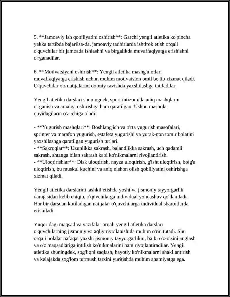 REFERAT Mavzu: MAKTABDA YENGIL ATLETIKA DARSINI TASHKILETISH VA O‘TKAZISH METODIKASI 4
