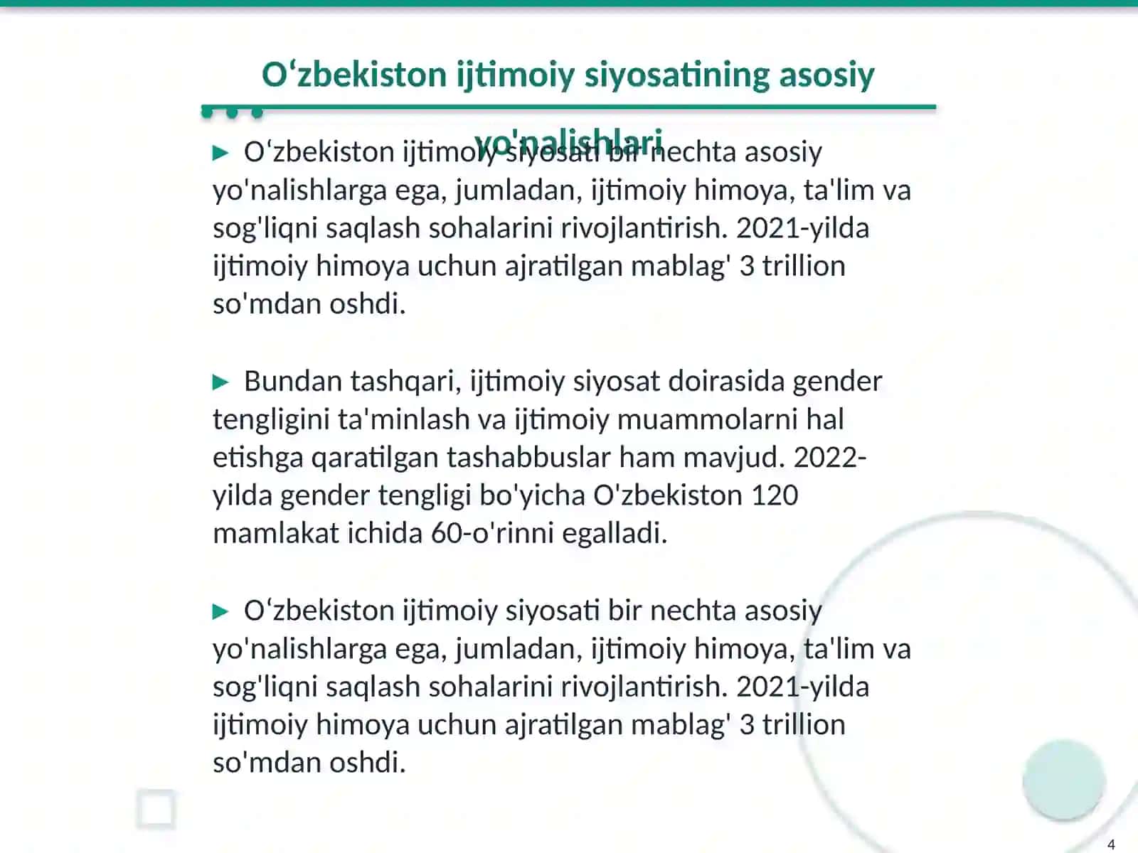 Oʻzbekistonda ijtimoiy sohada amalga oshirilayotgan oʻzgarishlar mazmuni va mohiyati 4