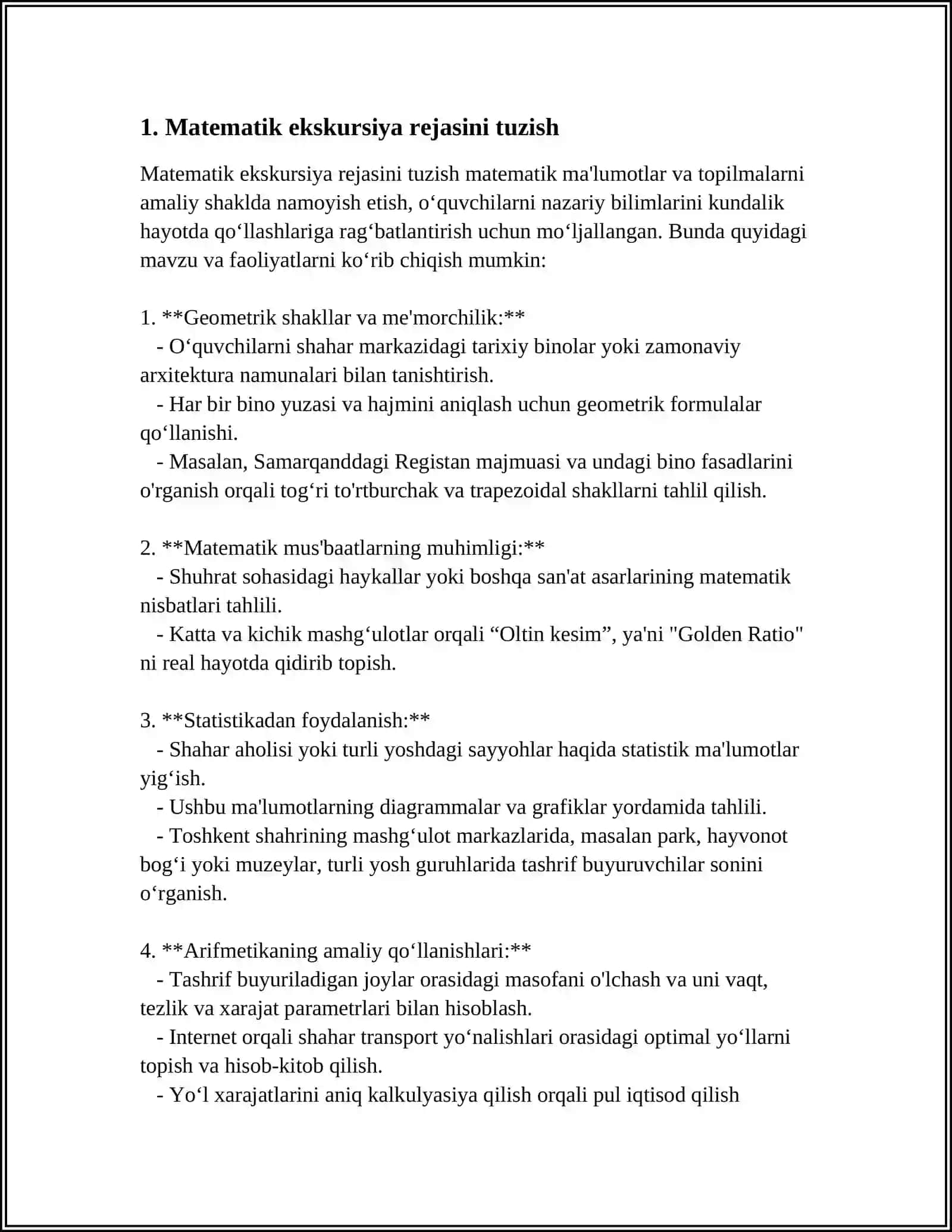 MATEMATIKADAN EKSKURSIYALAR, ERTALIKLAR, O‘YINLARNI TAYYORLASH VA O'TKAZISH METODIKASI (3-4-SINF MISOLIDA) 4