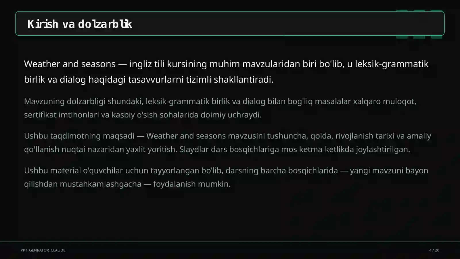 Weather and seasons (4-sinf) Ingliz tili (1-11) — o'quvchilar uchun 4