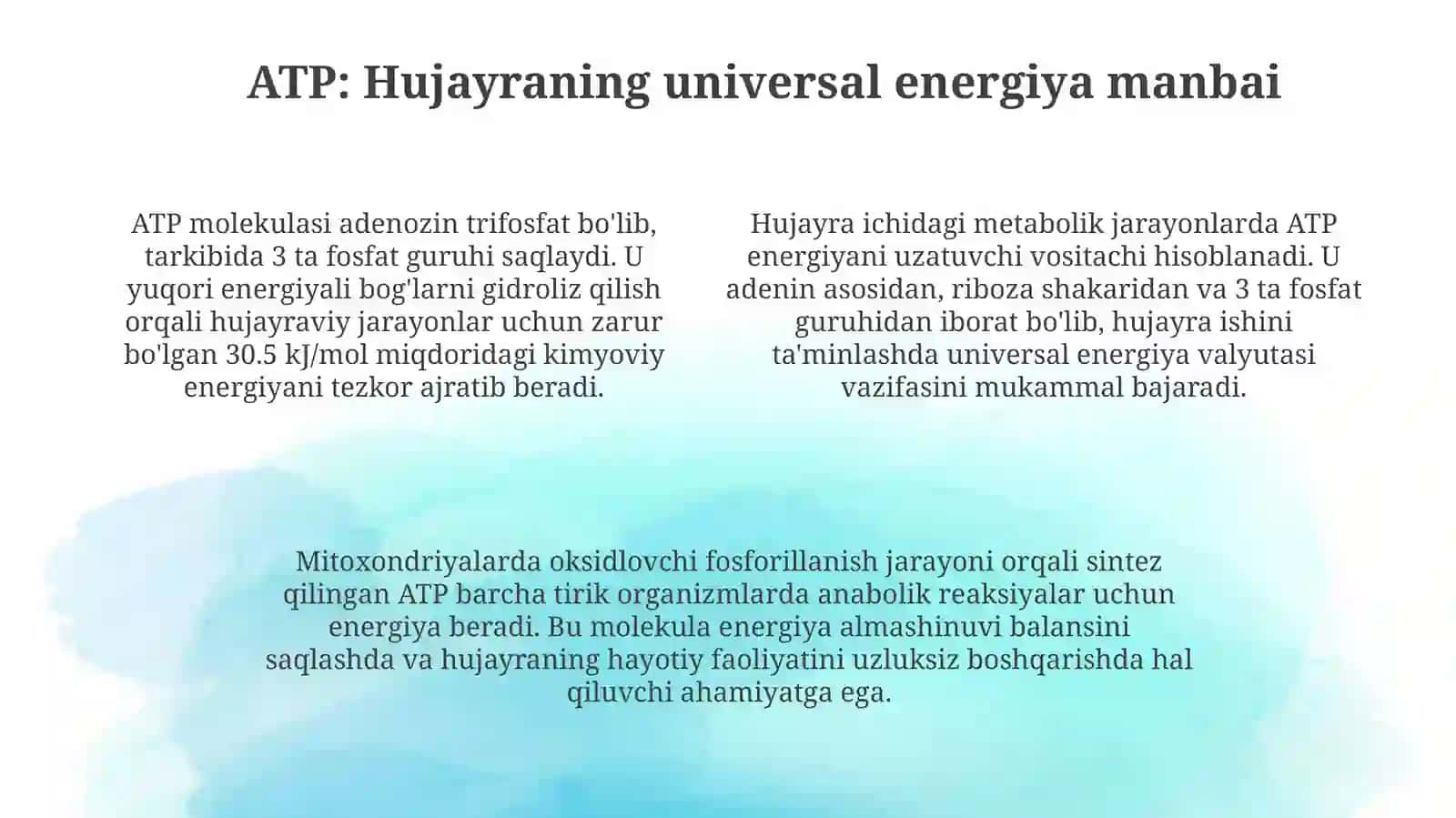 Metabolizm jarayonida energiya hosil boʻlishi va sarflanishi 4