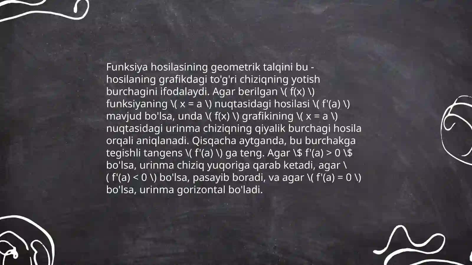 Funksiya hosilasi yordamida tengsizliklarni yechish va isbotlash uchun foydalaniladigan xossalari 4