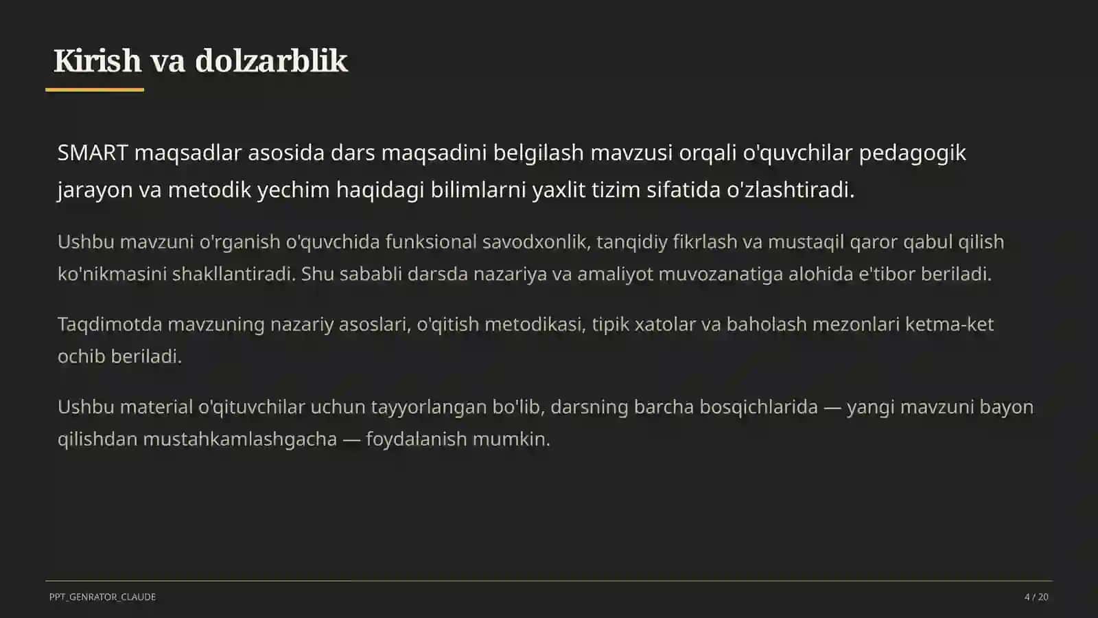 Dars maqsadi va kutilayotgan natijalar 4