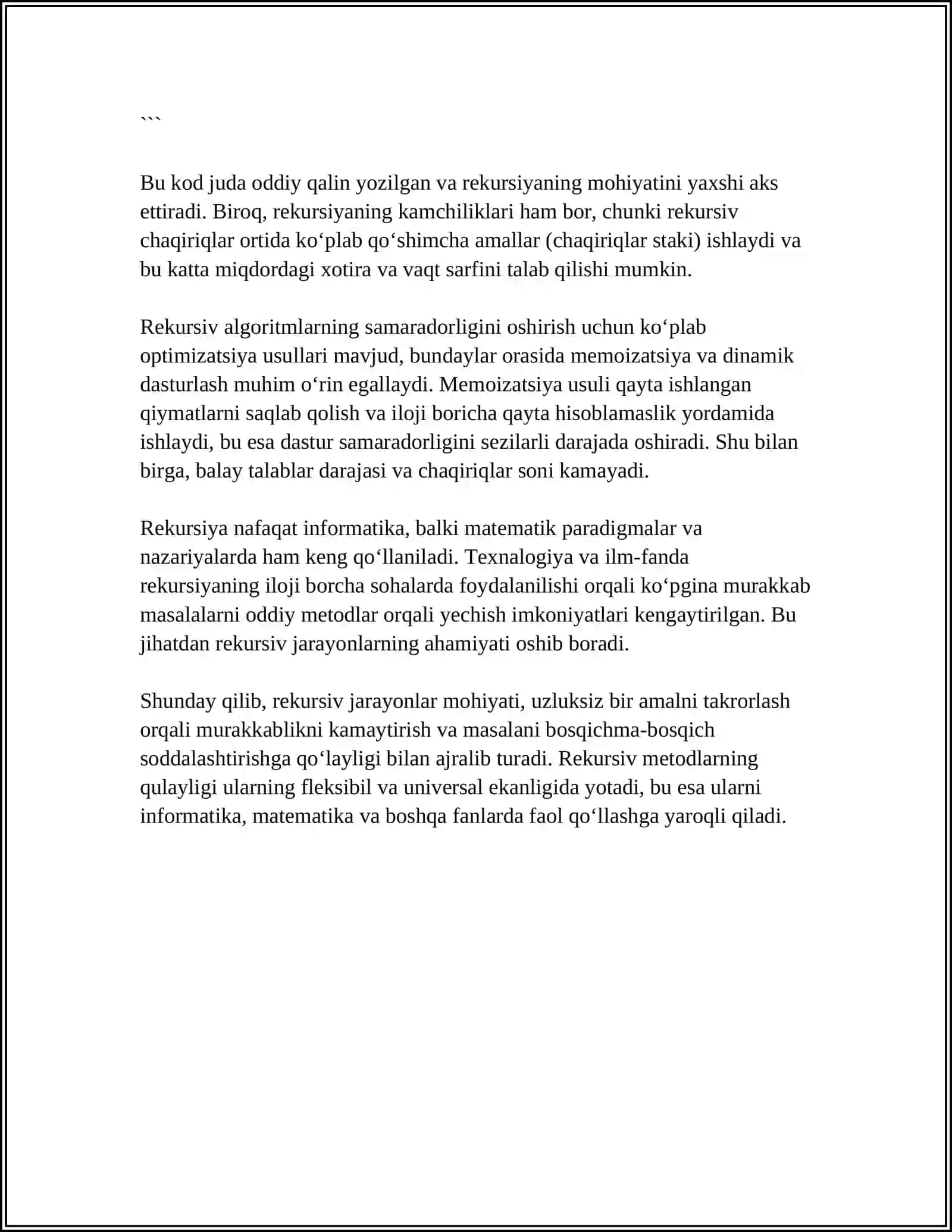 REKURSIV JARAYONLARNI TASHKIL ETISH. ICHMA ICH JOYLASHGAN REKURSIV JARAYONLARNI TASHKIL ETISH. SATRLAR BILAN ISHLASH 4