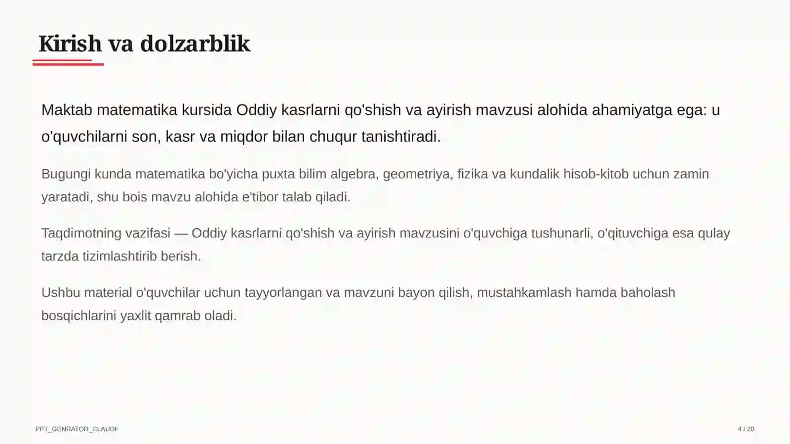 Oddiy kasrlarni qo'shish va ayirish (5-sinf) 4