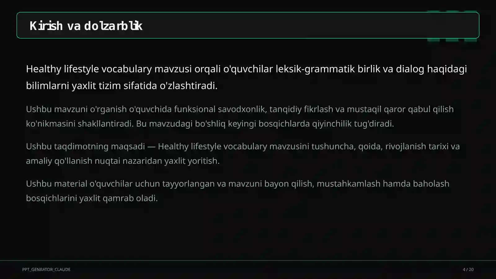 Healthy lifestyle vocabulary (7-sinf) 4