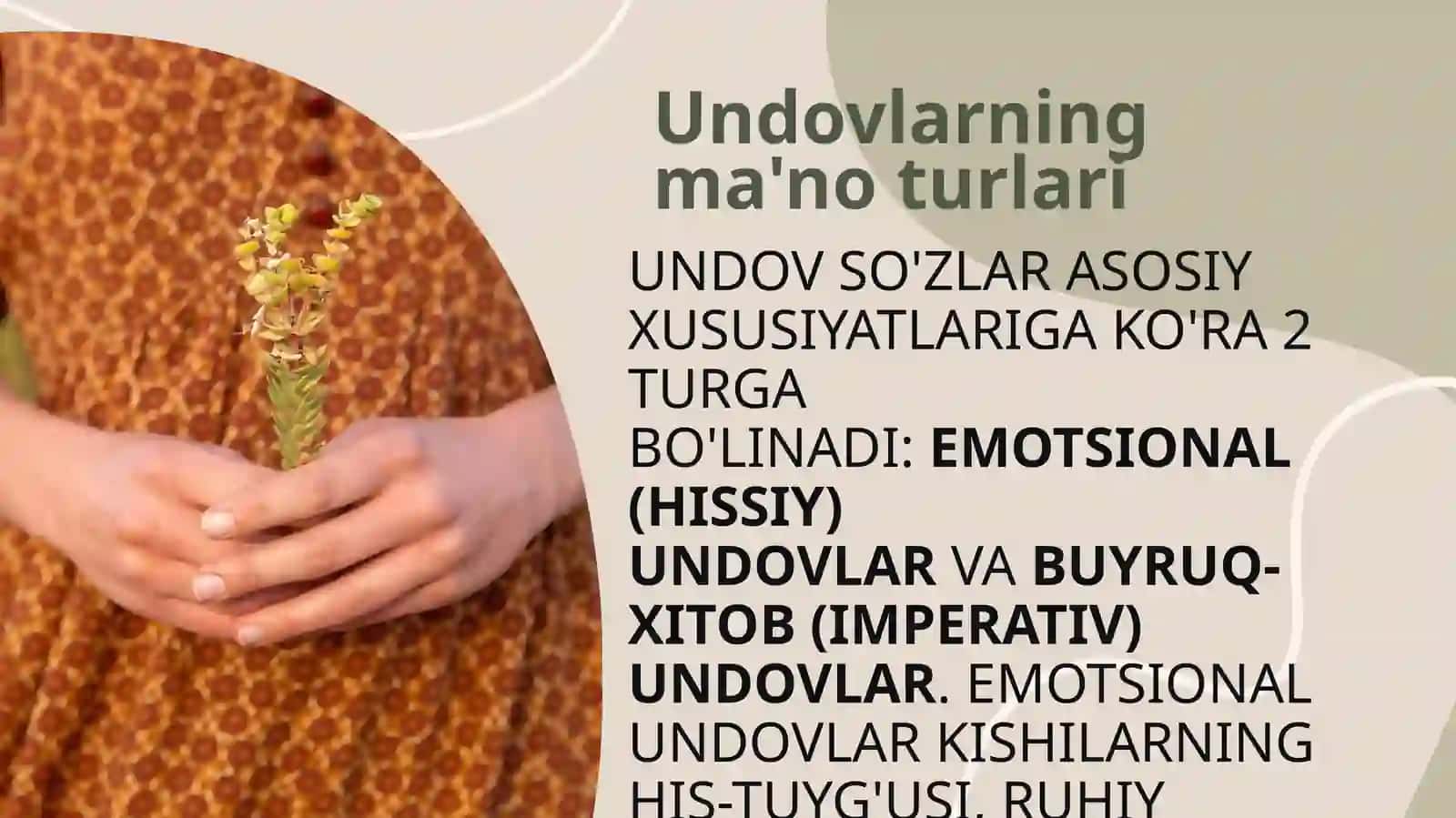 Undov so'zlar. Ularning grammatik xususiyatlari. Undovlarning otlashishi, sintaktik vazifasi. Undovlarning turlari 4