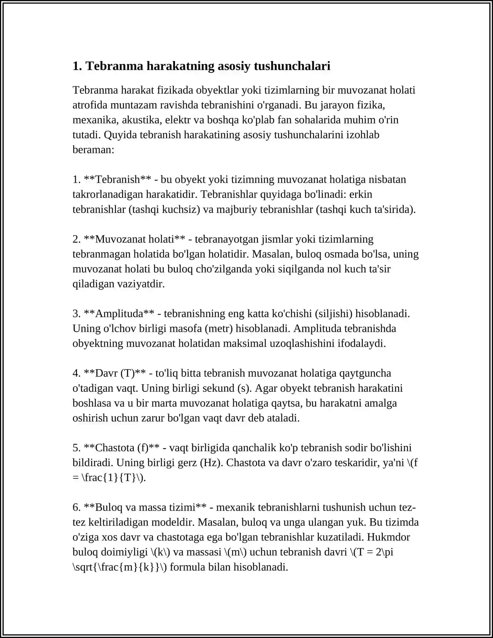 KINEMATIKADA TEBRANMA HARAKAT.TEBRANMA HARAKAT TENGLAMASI VA XARAKTERISTIKALARI.ERKIN VA MAJBURIY TEBRANISHLAR 4