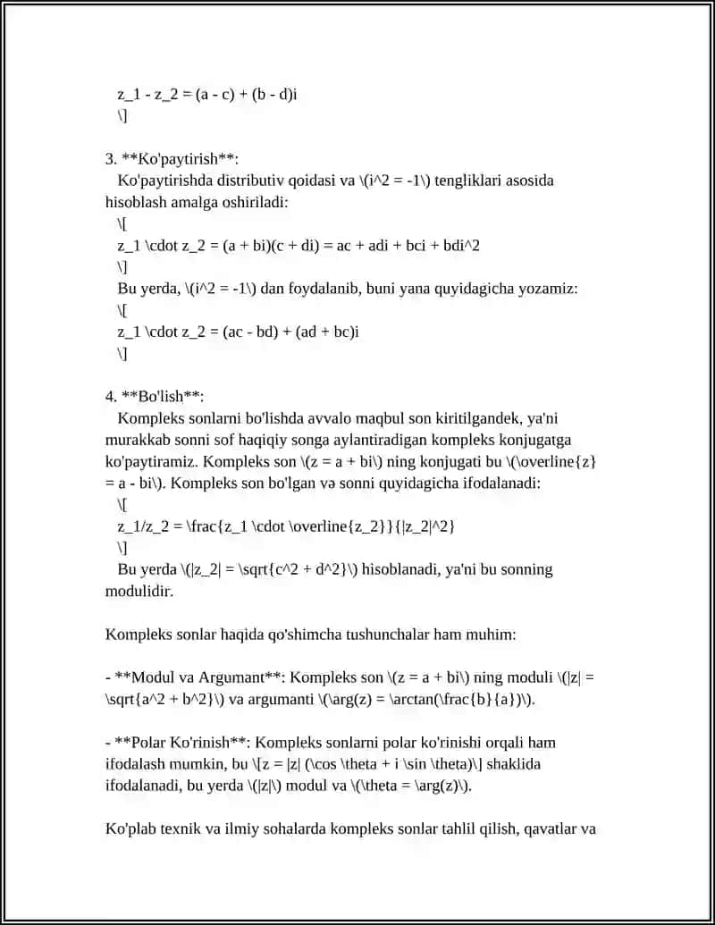 КОМПЛЕКС СОНЛАР ВА УЛАРНИНГ ФОРМАЛАРИ. МUAVR ФОРМУЛАЛАРИ 4