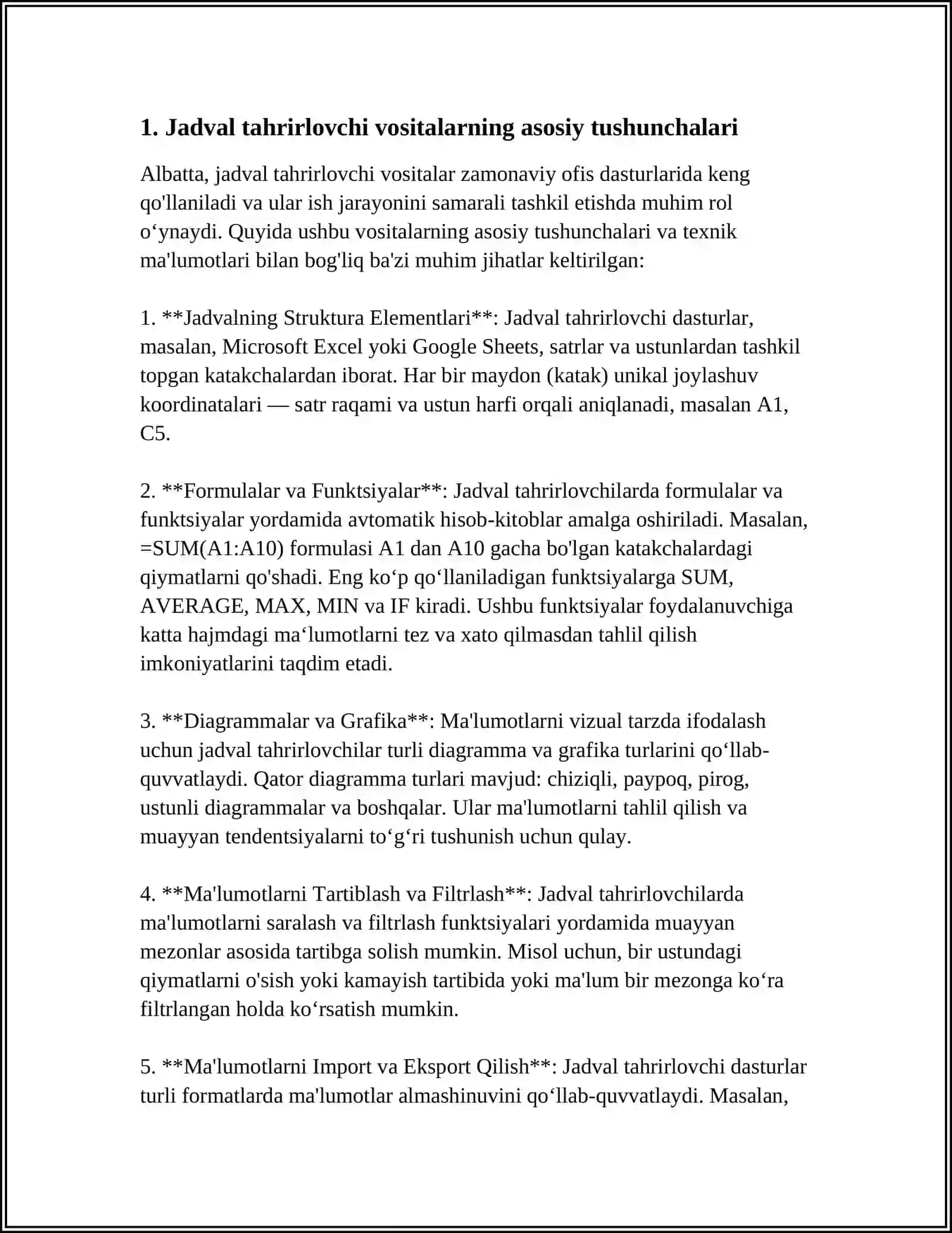IQTISODIY AXBOROTLARNI JADVAL REDAKTORI VOSITALARIDAN FOYDALANGAN HOLDA QAYTA ISHLASH DASTURLARI 4