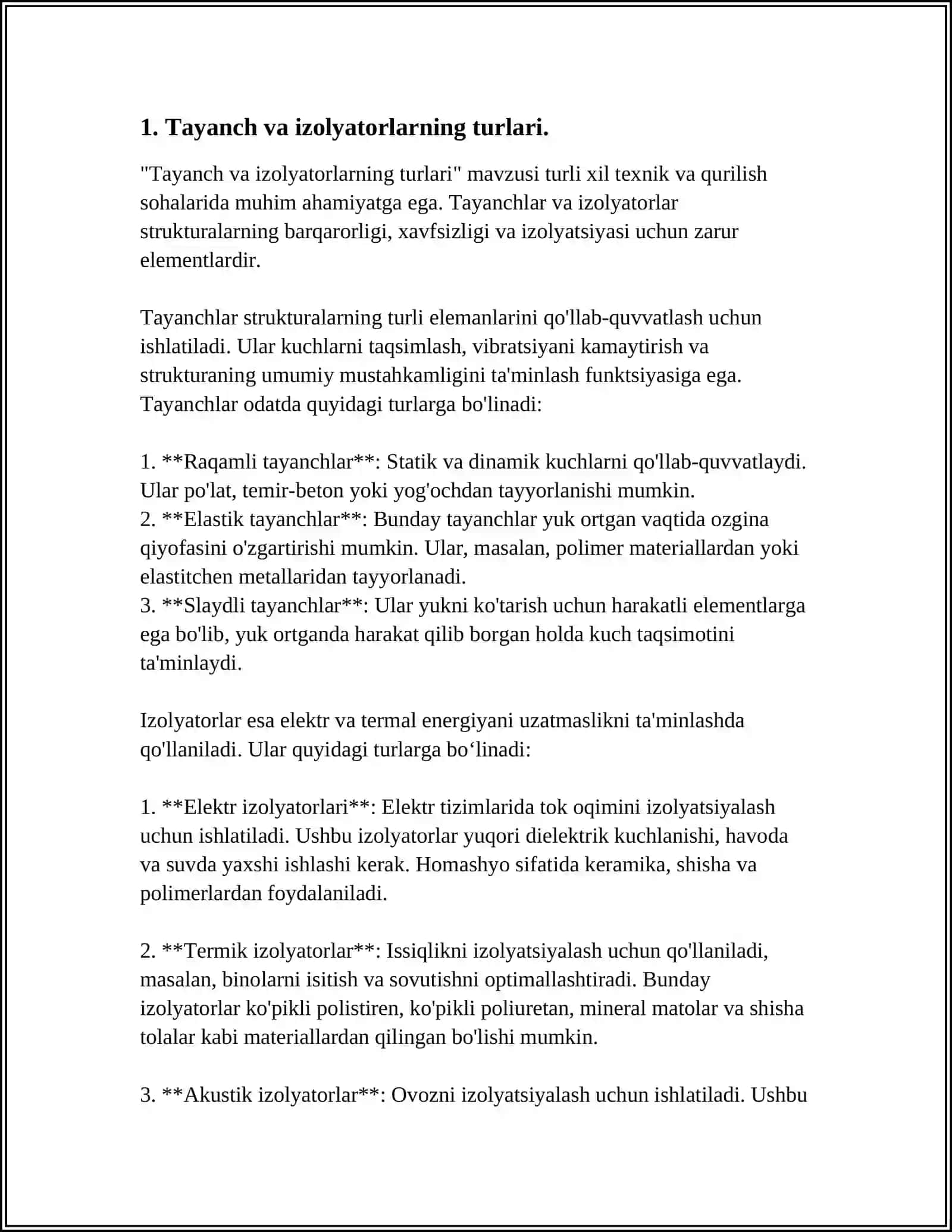 MUSTAQIL ISH Mavzu: TAYANCH VA IZOLYATORLAR TURLARI. HAVO LINIYA ARMATURASI. TAYANCHLARNI YERGA O’RNATISH. SIMLAR, CHINALAR TUZILISHI VA MATERIALI. CHINALAR VA SIMLARNI TANLOV 4