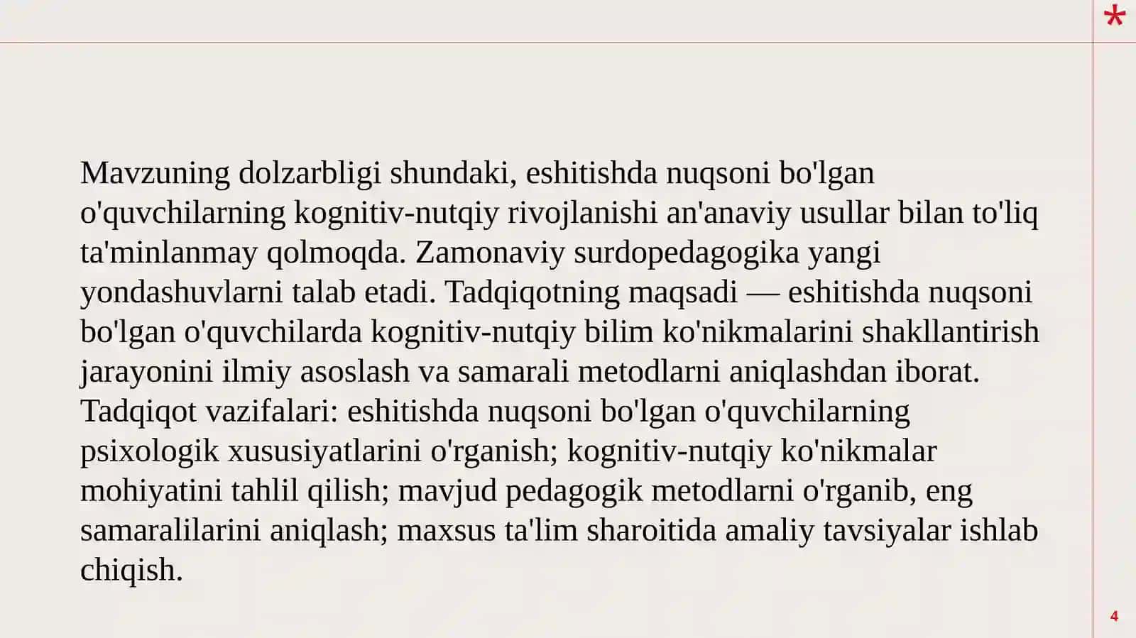 "Ixtisoslashtirilgan ta'lim muassasasi o'qituvchisi va tarbiyachisi surdopedagogik ah_uquqiniberish" bo'yicha kasbiy qayta tayyorlash kursi tinglovchisi Ibrayimova Masturaning Bitiruv ishi taqdimoti 4