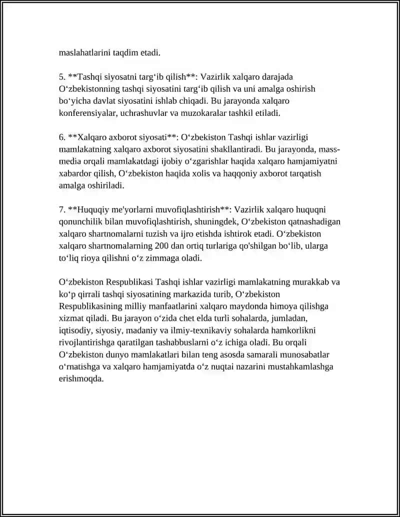 O'ZBEKISTON RESPUBLIKASI TASHQI ISHLAR VAZIRLIGI UNING UMUMIY TASNIFI VA MOLIYAVIY JIXATDAN KO'RINISHI 4