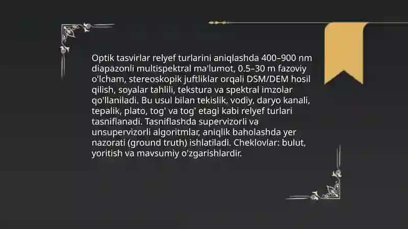 Masofadan zondlash yordamida Yer yuzasi relyefini, ularning o’lchamlarini va tiplarini aniqlash 4