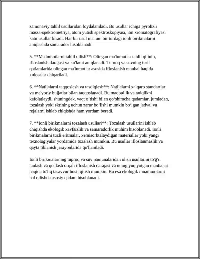 Tuproq va suvning ifloslanishida ion bo'g'lanishli birikmalarni aniqlab ulardan tozalash usulini ishlab chiqish 4